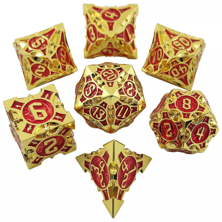 Gold w/red Barbed Strengthened Metal 7-Dice Set | Metal DND Dice