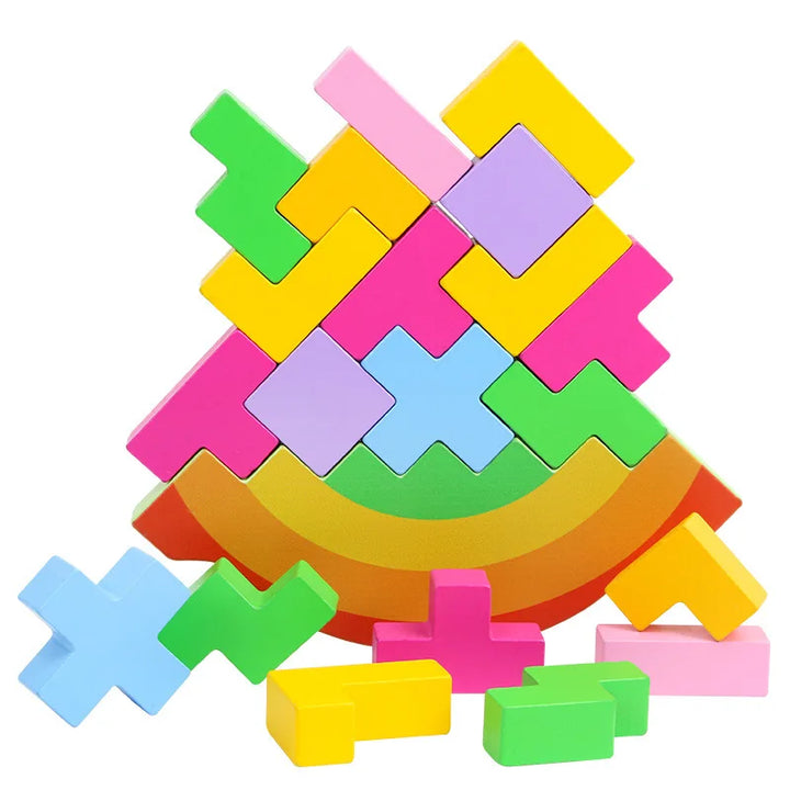 Colorful geometric building blocks arranged in a pyramid shape on a white background.