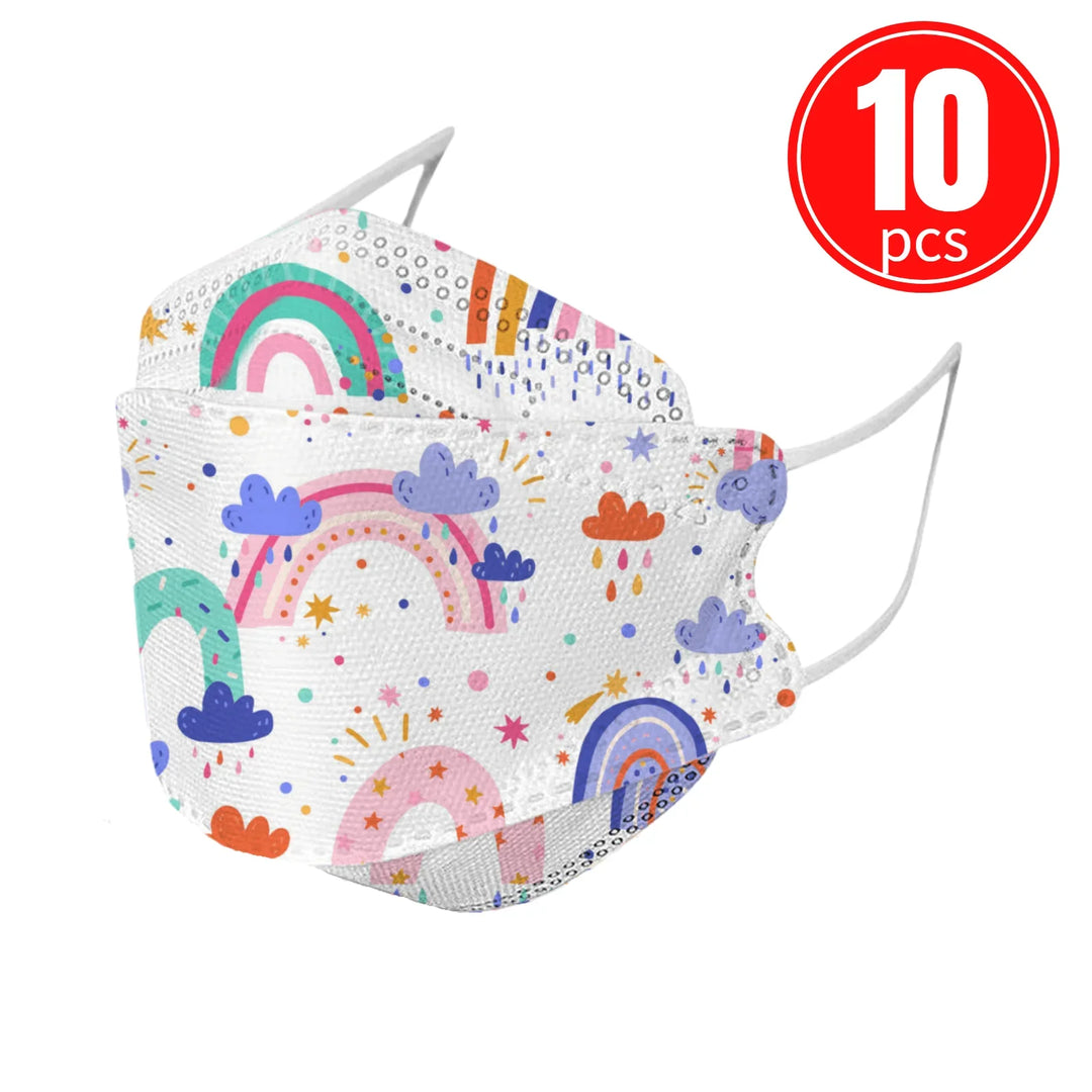 Children's face mask with rainbow pattern and 10-pack indicator on a white background.