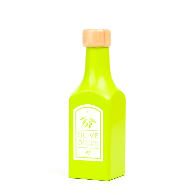 Green olive oil bottle with a wooden cap on a white background.