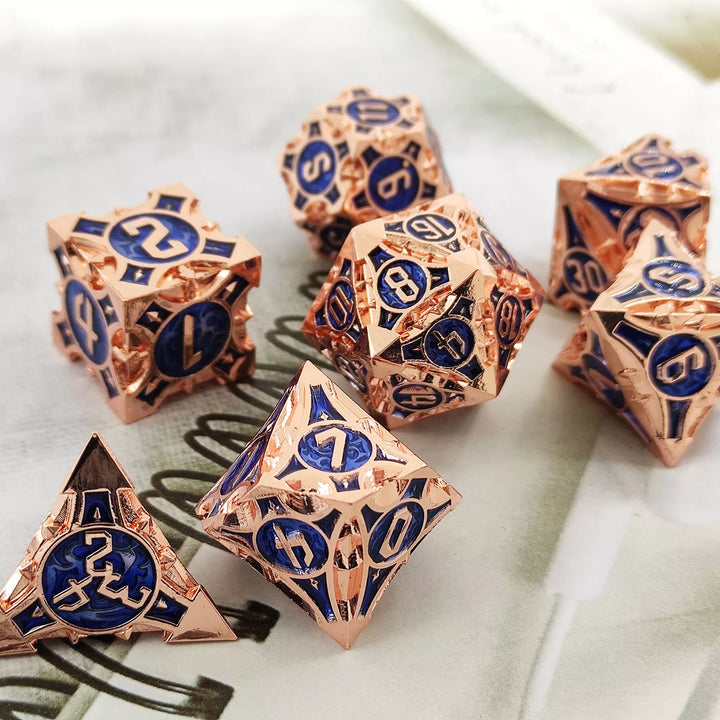 Rose Gold w/blue Barbed Strengthened Metal 7-Dice Set | Metal DND Dice
