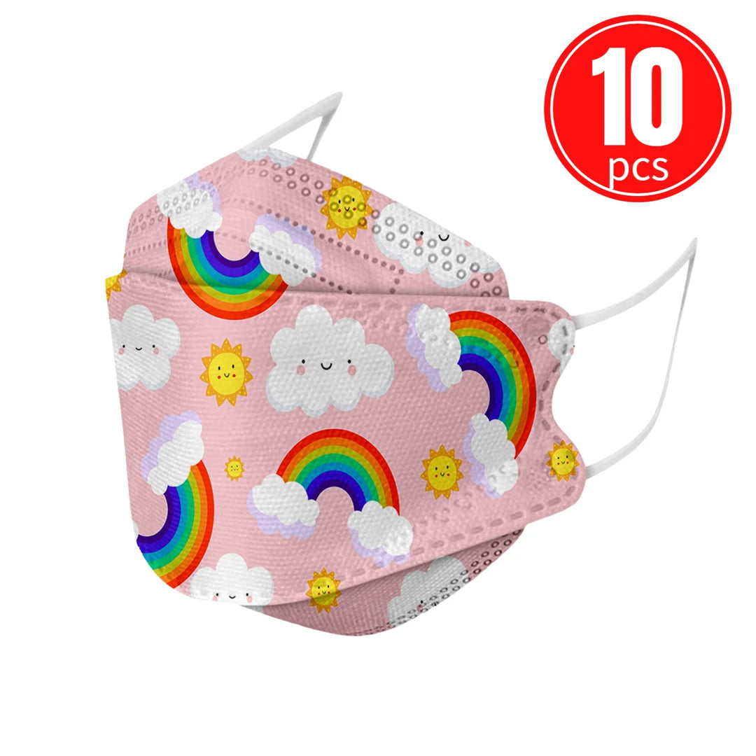Pink face mask with rainbow and cloud design, labeled 10 pieces on a white background.
