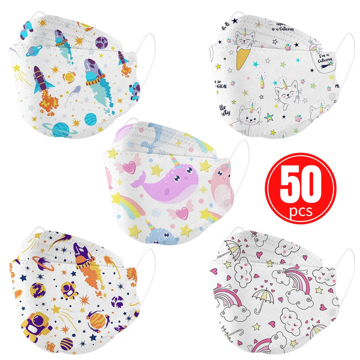 Five children's face masks with colorful designs on a white background, accompanied by a red label indicating 50 pieces.