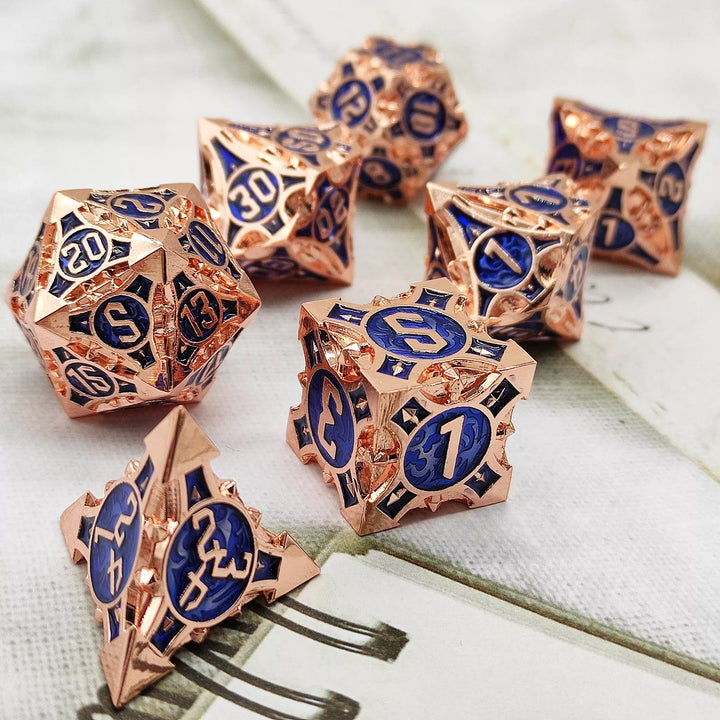 Rose Gold w/blue Barbed Strengthened Metal 7-Dice Set | Metal DND Dice