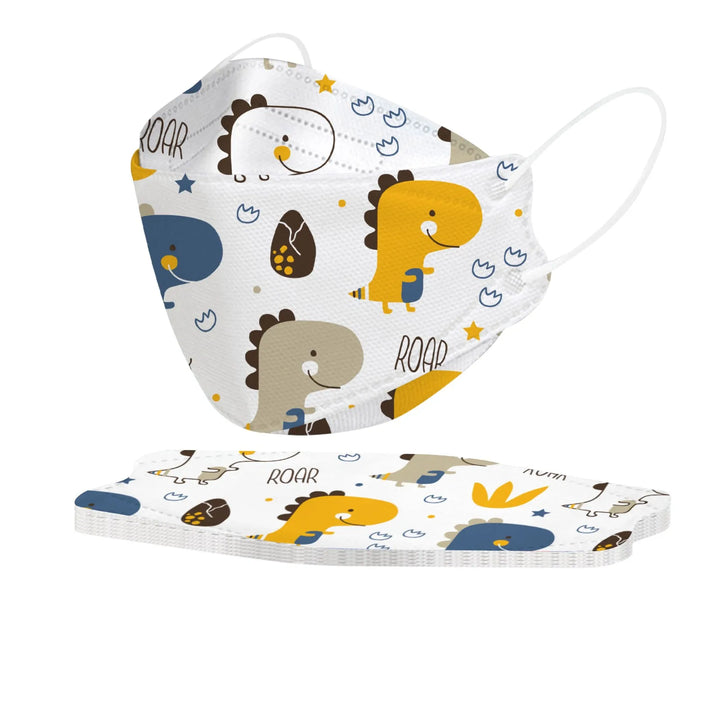 Children's face mask with dinosaur pattern on a white background.