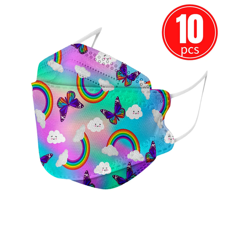 Colorful face mask with rainbow and butterfly pattern labeled 10 pieces.