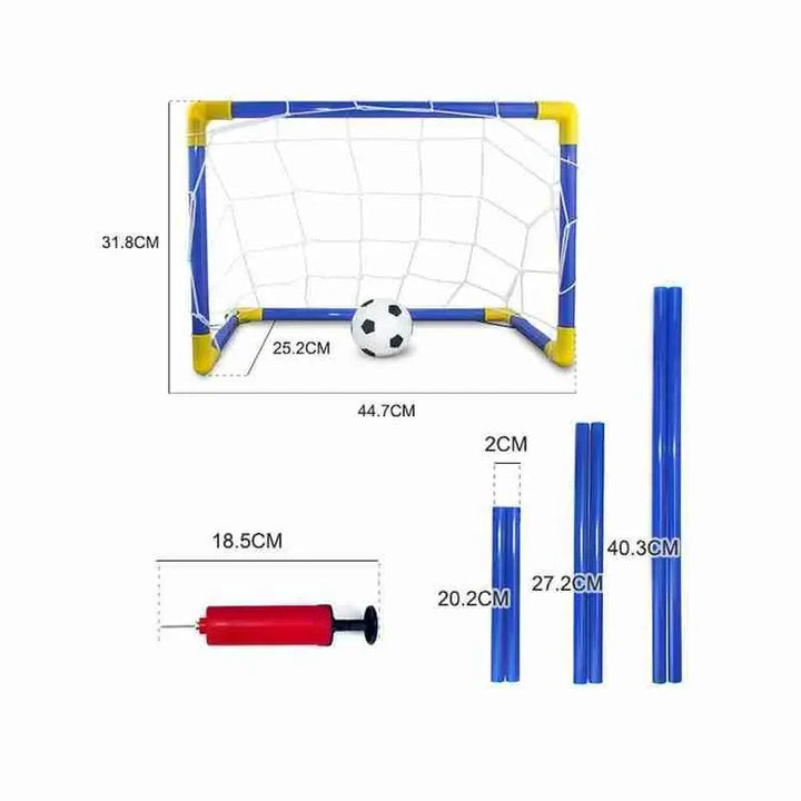 Children's soccer goal with ball and pump, featuring measurements on a white background.