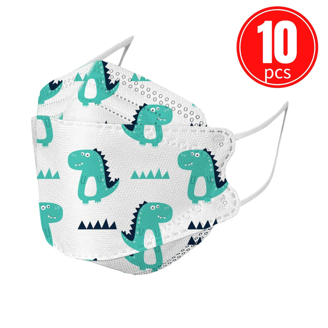 Pack of 10 dinosaur-patterned face masks on a white background.