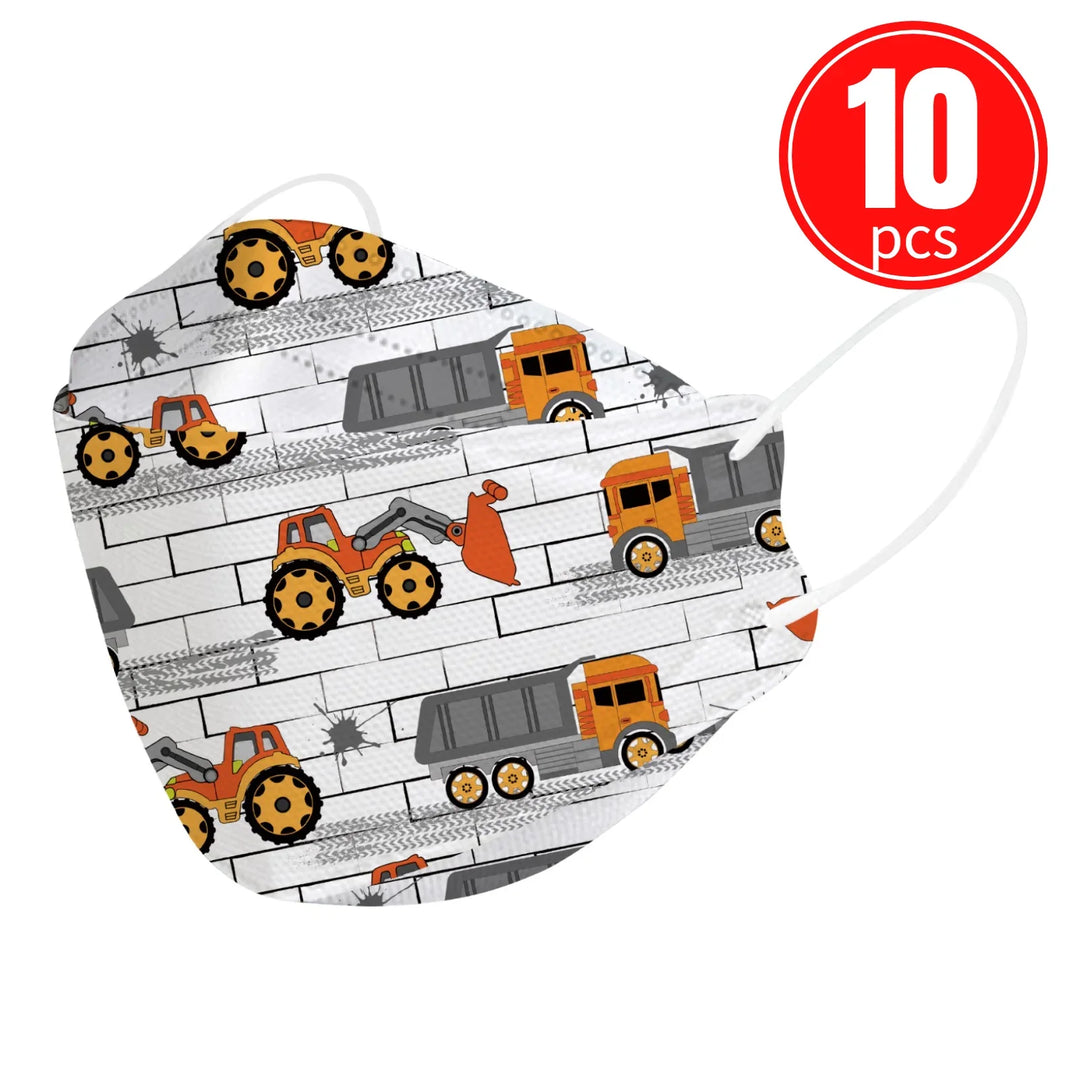 Packaged face masks with construction vehicle design, labeled 10 pieces.