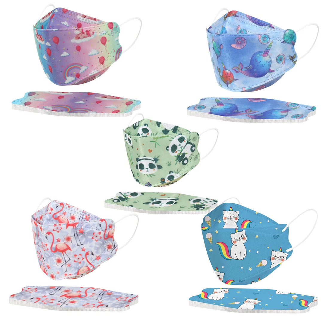 Set of colorful children's face masks with various patterns on a white background.
