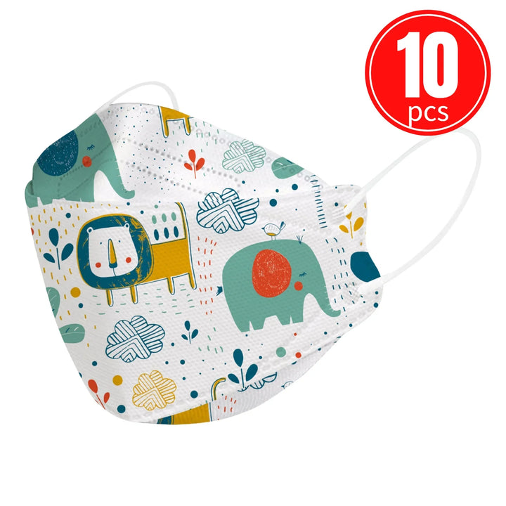 Children's face mask with animal pattern and 10 pieces label on a white background.