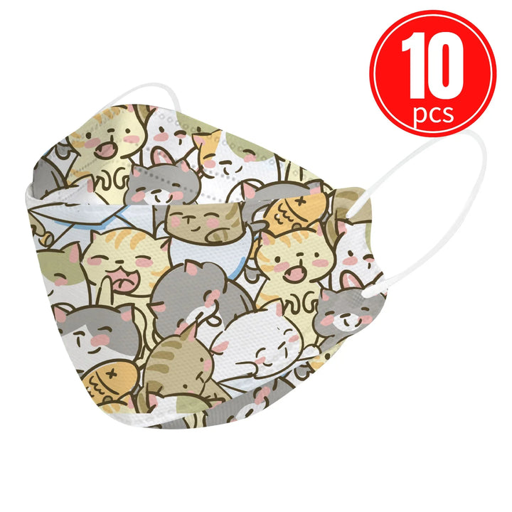 Pack of 10 cat-themed face masks with a white background.