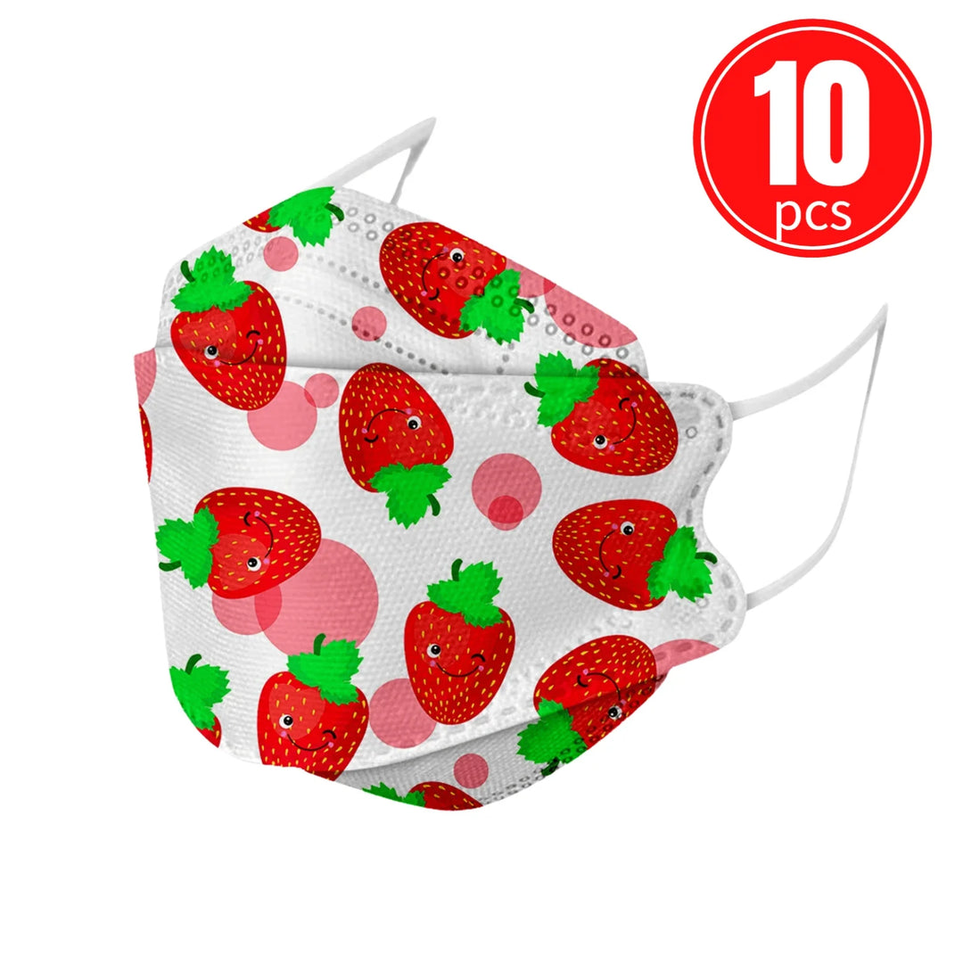 Fruit-patterned face mask with strawberry design, including 10 pack indicators.