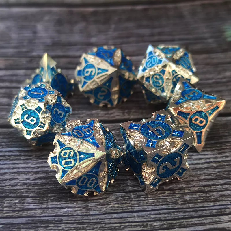 Dark Silver w/blue Barbed Strengthened Metal 7-Dice Set | Metal DND Dice