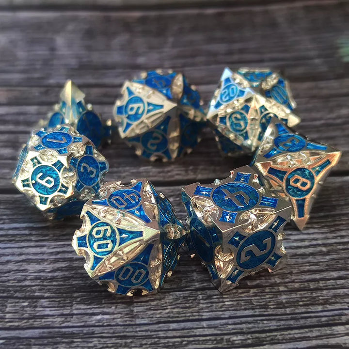 Dark Silver w/blue Barbed Strengthened Metal 7-Dice Set | Metal DND Dice