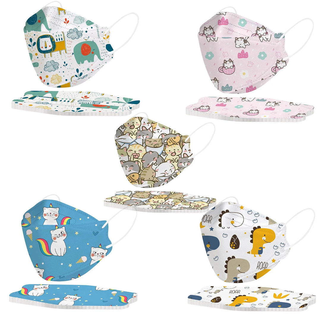 Set of colorful children's face masks with various patterns on a white background.