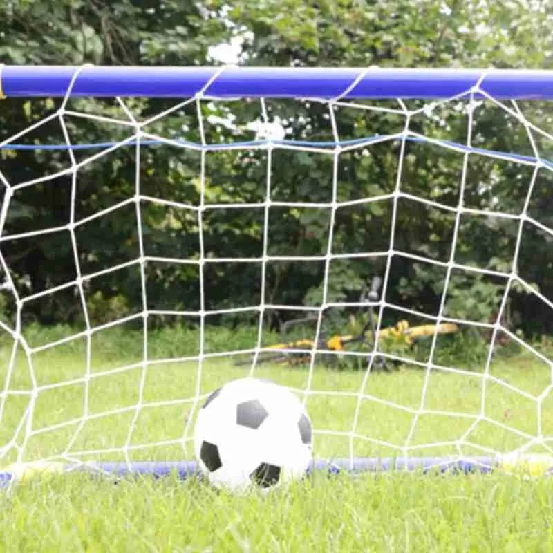 Soccer ball in front of a small soccer goal on grass with trees in the background.