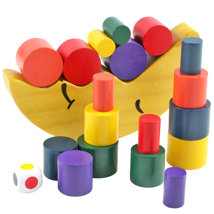 Colorful wooden block set shaped like a smiley face with various colored cylindrical blocks.