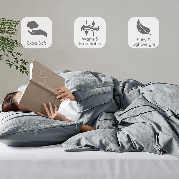 Full/Queen Size Pleated Pre-Washed Microfiber Comforter Set in Blue Grey