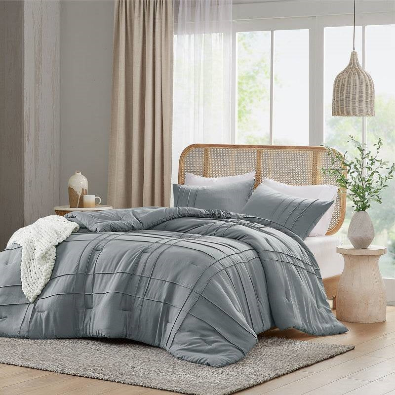 King Size Pleated Pre-Washed Microfiber Comforter Set in Blue Grey