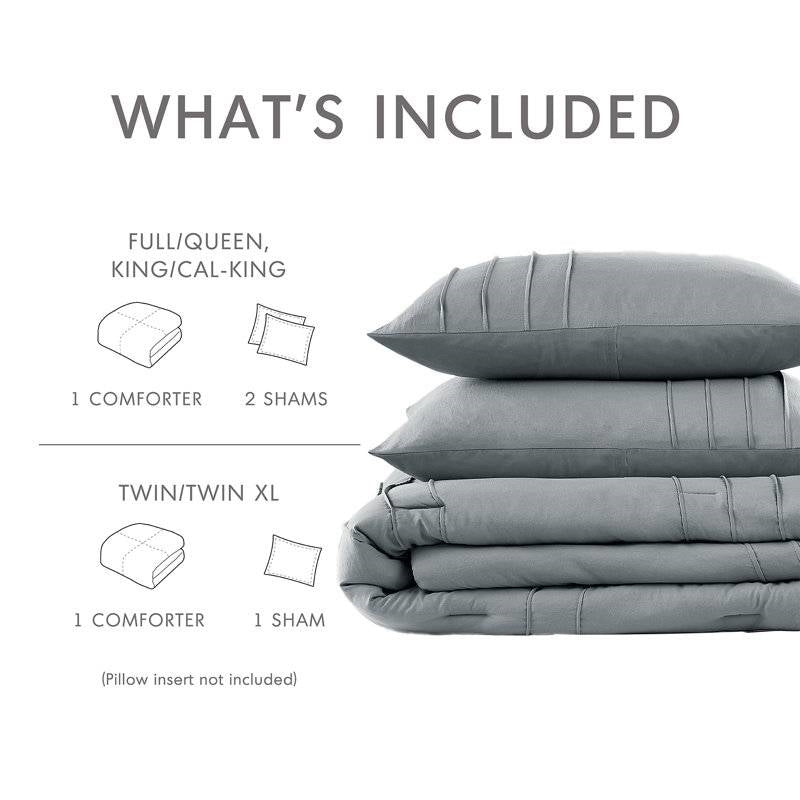 King Size Pleated Pre-Washed Microfiber Comforter Set in Blue Grey