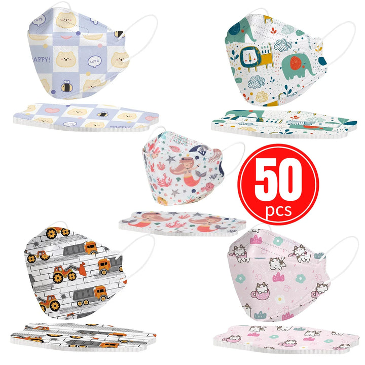 Assorted children's patterned face masks with a 50 pcs label on a white background.