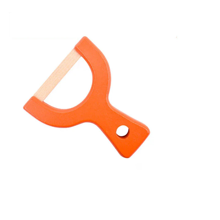 Orange plastic tool with a wooden handle on a white background.