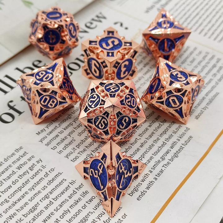 Rose Gold w/blue Barbed Strengthened Metal 7-Dice Set | Metal DND Dice