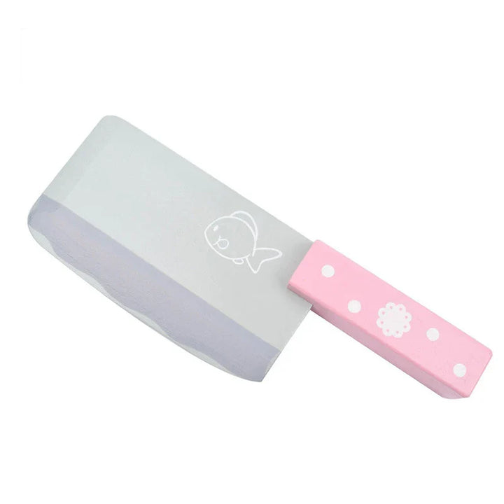 Butcher knife with pink handle and gray blade on a white background.