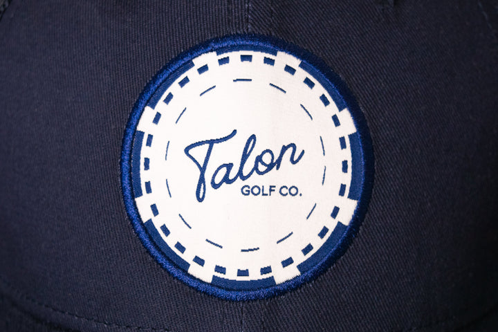 Poker Chip Navy Blue Trucker Hat Closeup.