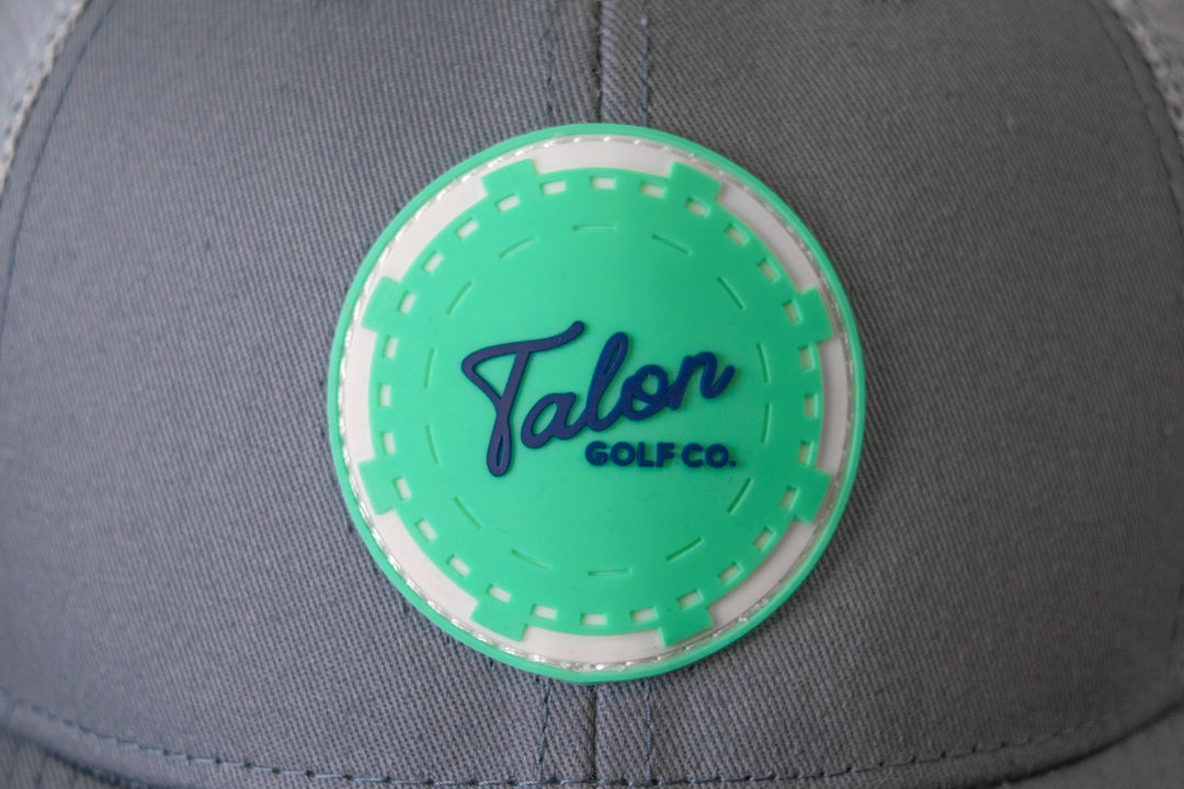 Mint Poker Chip Trucker Hat Closeup.