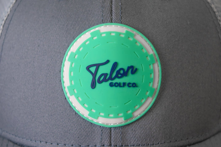 Mint Poker Chip Trucker Hat Closeup.