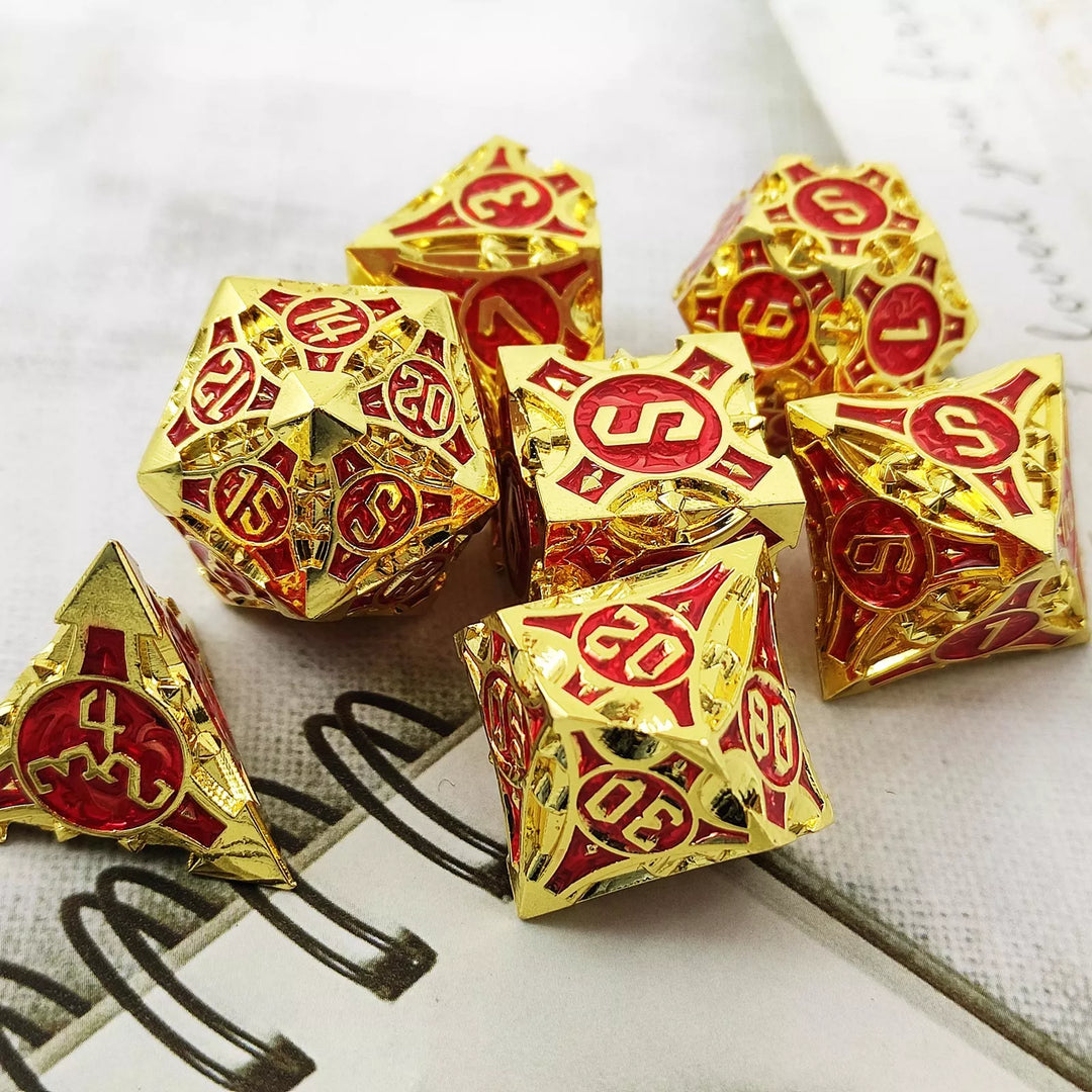 Gold w/red Barbed Strengthened Metal 7-Dice Set | Metal DND Dice