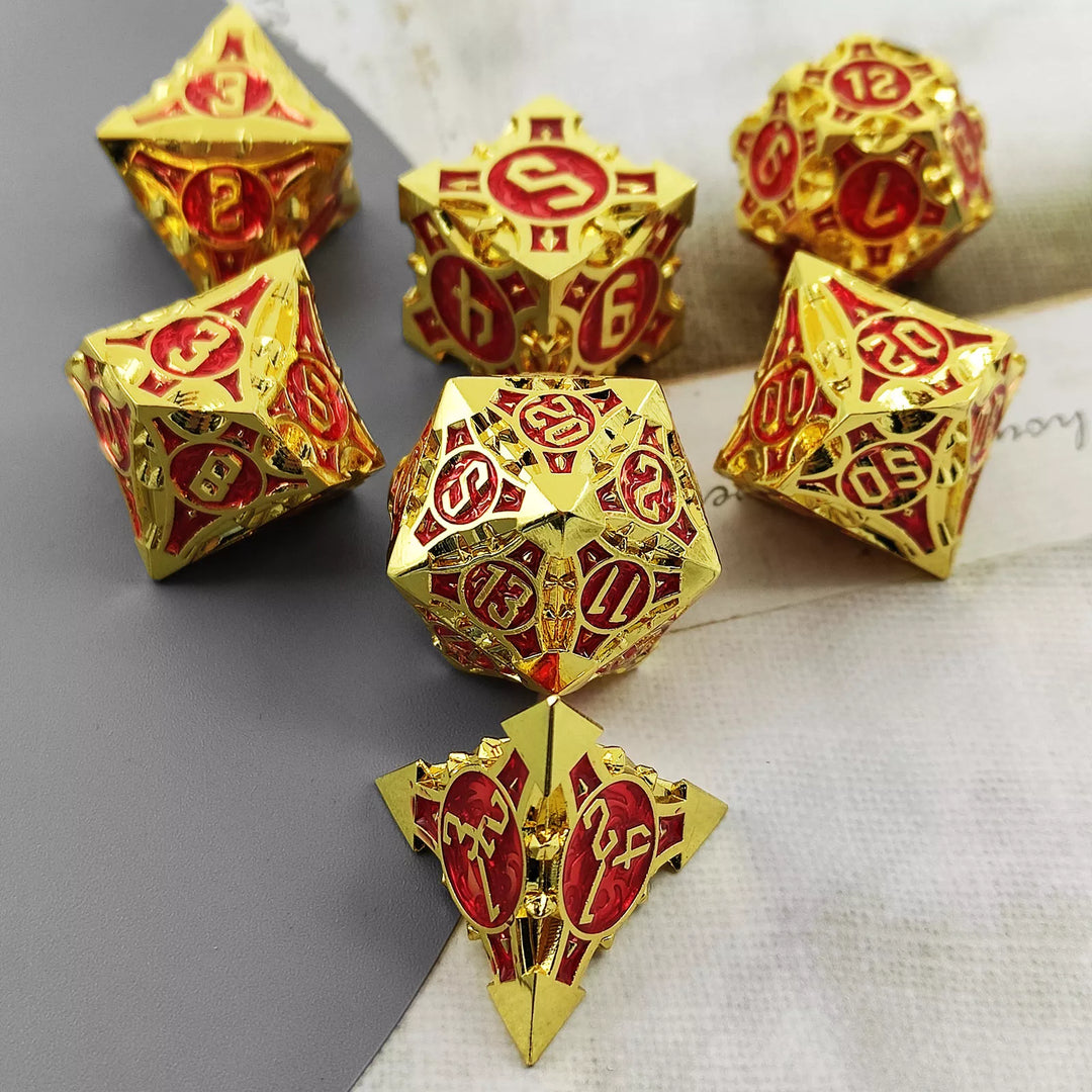 Gold w/red Barbed Strengthened Metal 7-Dice Set | Metal DND Dice