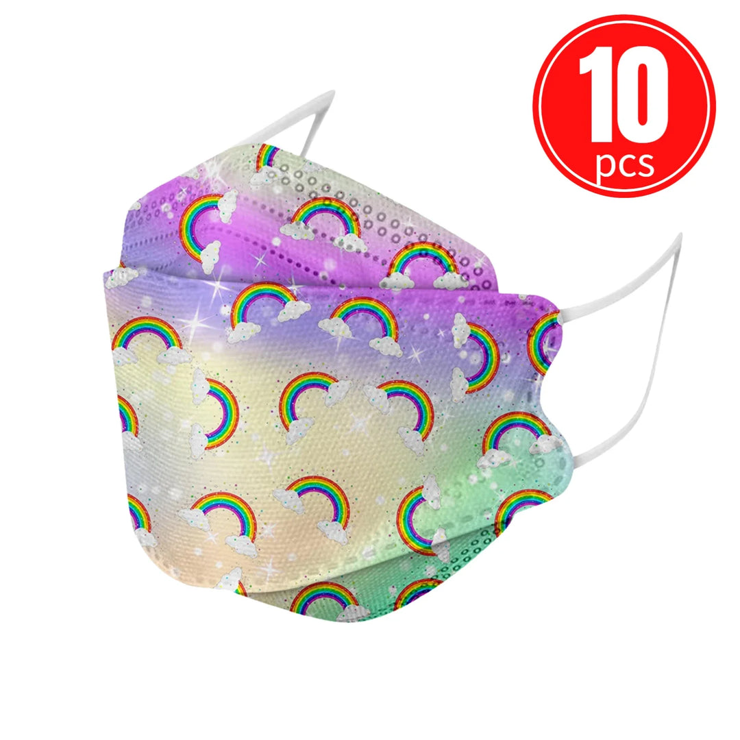 Set of colorful rainbow-patterned face masks with a 10 pieces label on a white background.