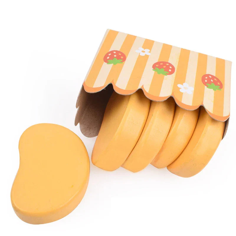 Set of yellow banana-shaped items with a decorative box on a white background.