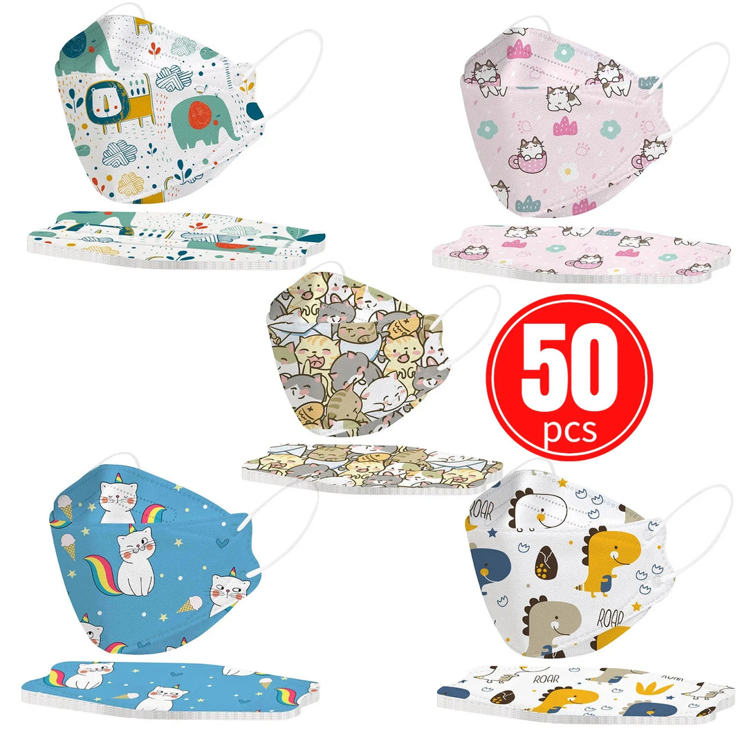 Assorted children's face masks with various patterns and a count of 50 masks on a white background.