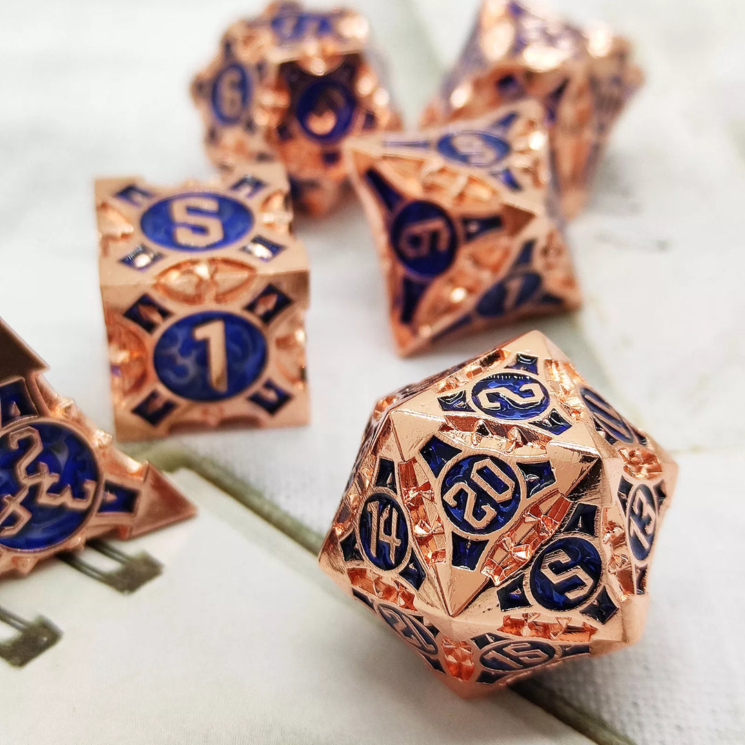 Rose Gold w/blue Barbed Strengthened Metal 7-Dice Set | Metal DND Dice
