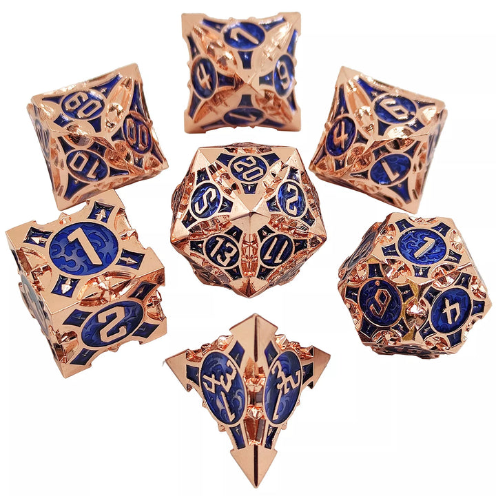 Rose Gold w/blue Barbed Strengthened Metal 7-Dice Set | Metal DND Dice