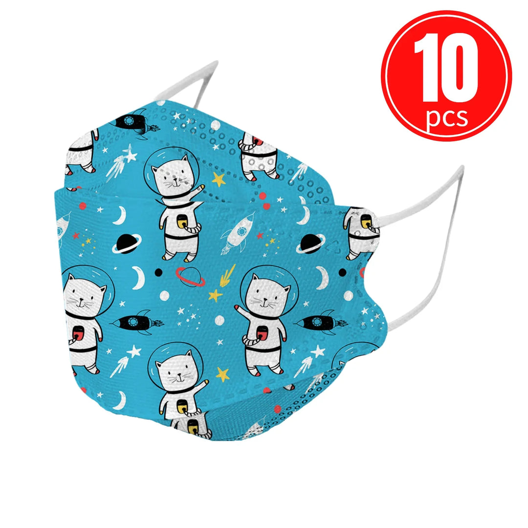Face mask with space-themed design featuring cats in astronaut suits on a blue background, with a red label indicating 10 pieces.