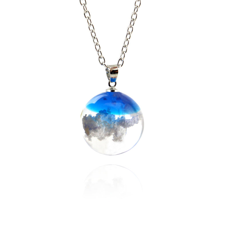 Cloudy Blue Sky Resin Sphere Necklace Pendant White Clouds