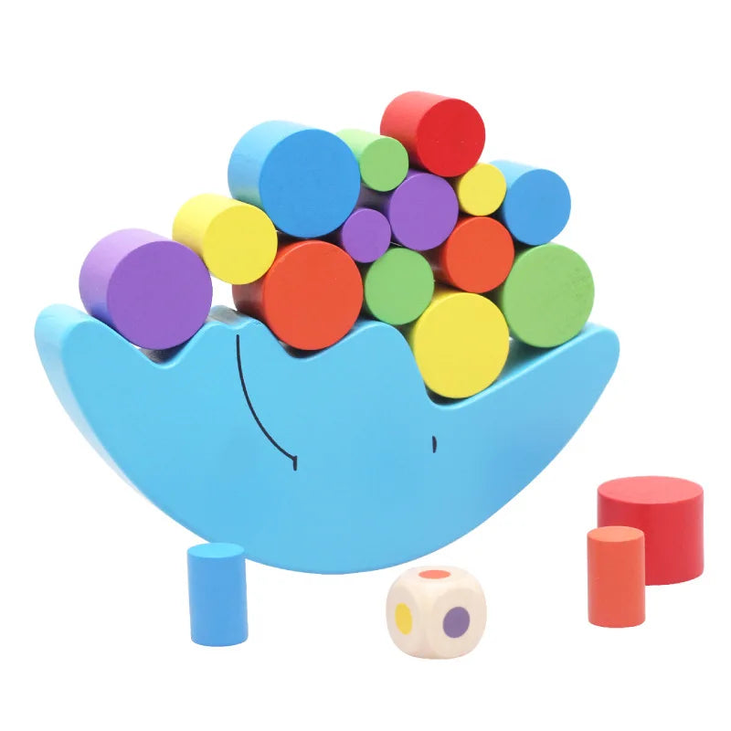 Colorful wooden hedgehog toy with stacked cylindrical blocks on a white background.