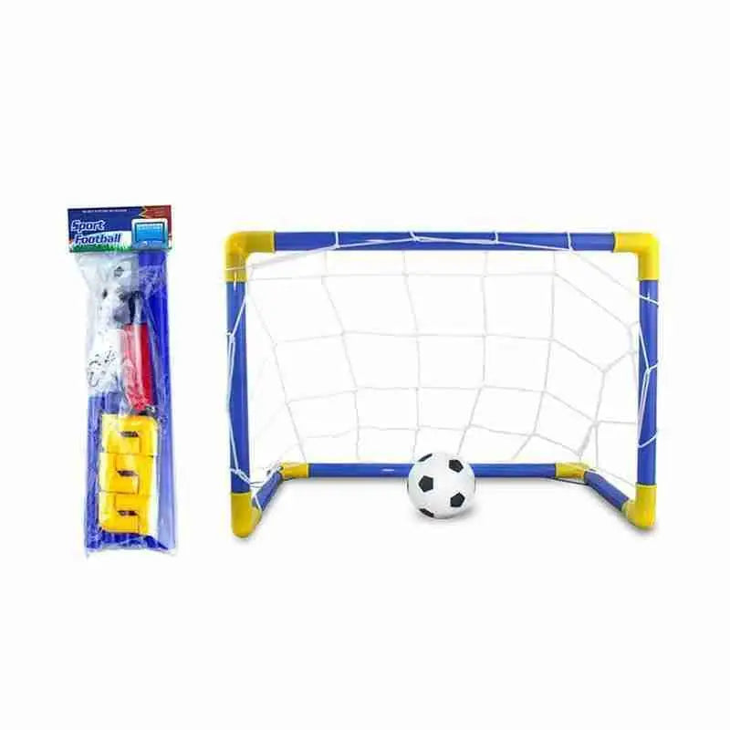 Children's soccer goal with ball and packaging on a white background.