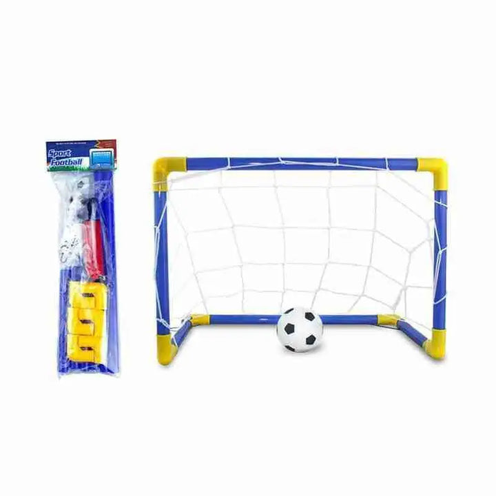 Children's soccer goal with ball and packaging on a white background.
