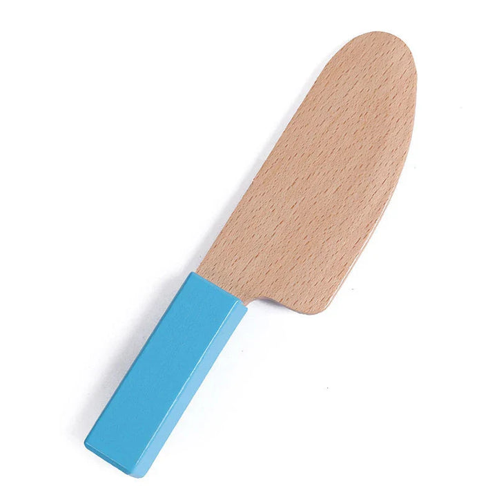 Wooden paddle with blue handle on a white background.