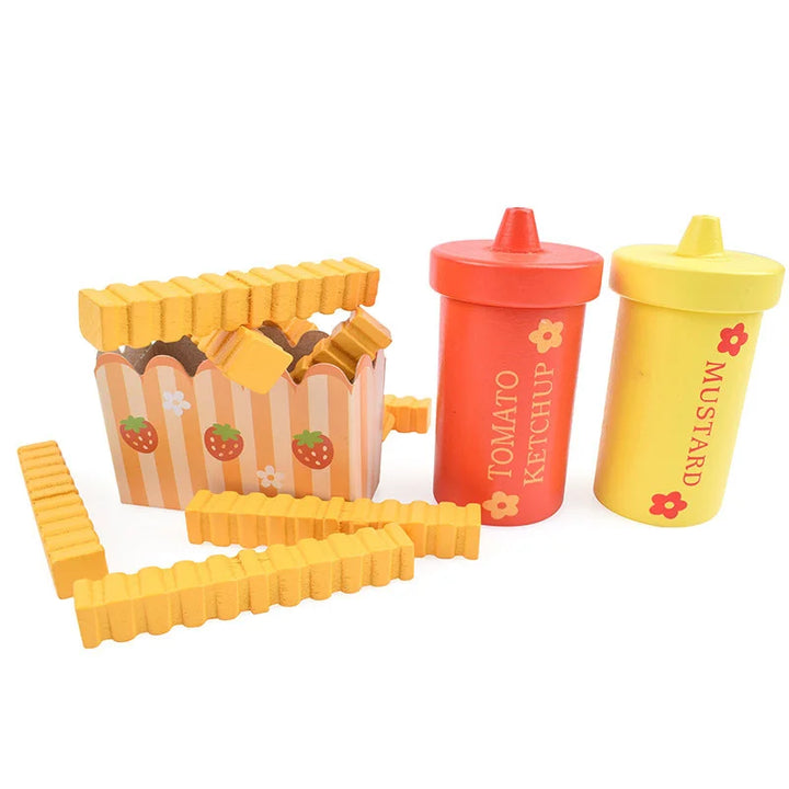 Toy condiment set with ketchup and mustard bottles and cracker box on a white background.