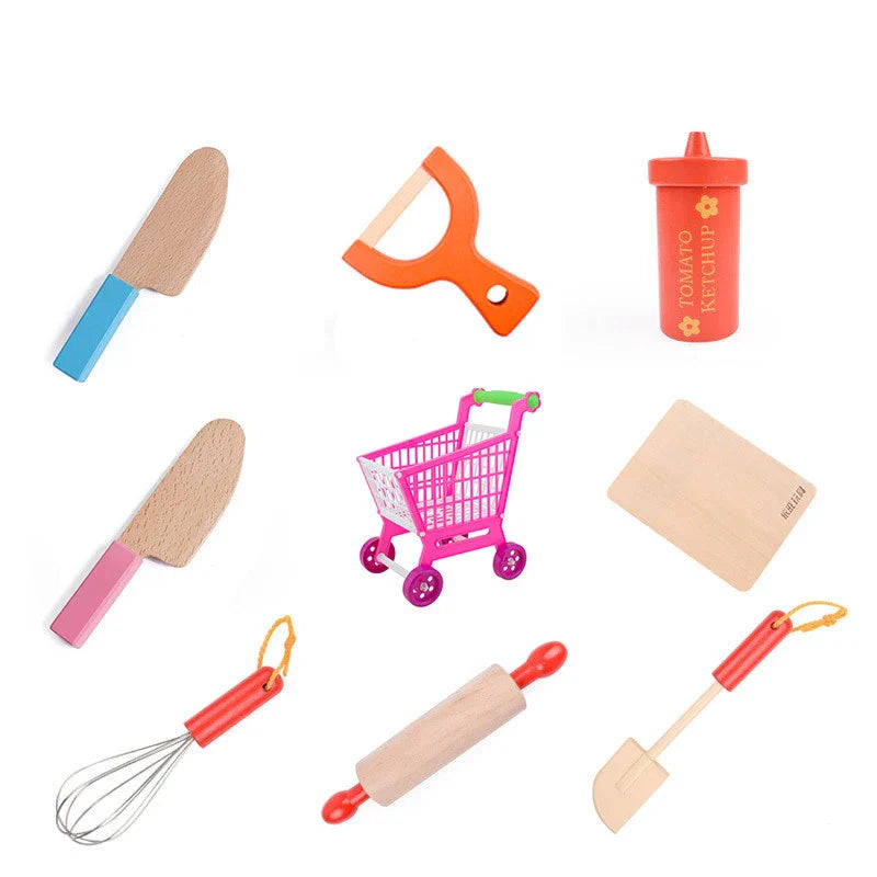 Set of colorful toy kitchen utensils on a white background.