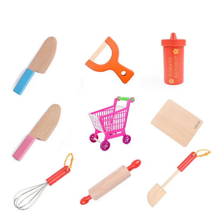 Set of colorful toy kitchen utensils on a white background.