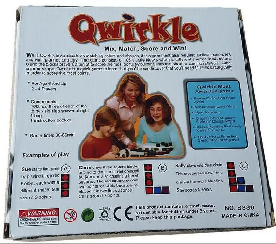 Back of a Qwirkle board game box with text and images of children playing.