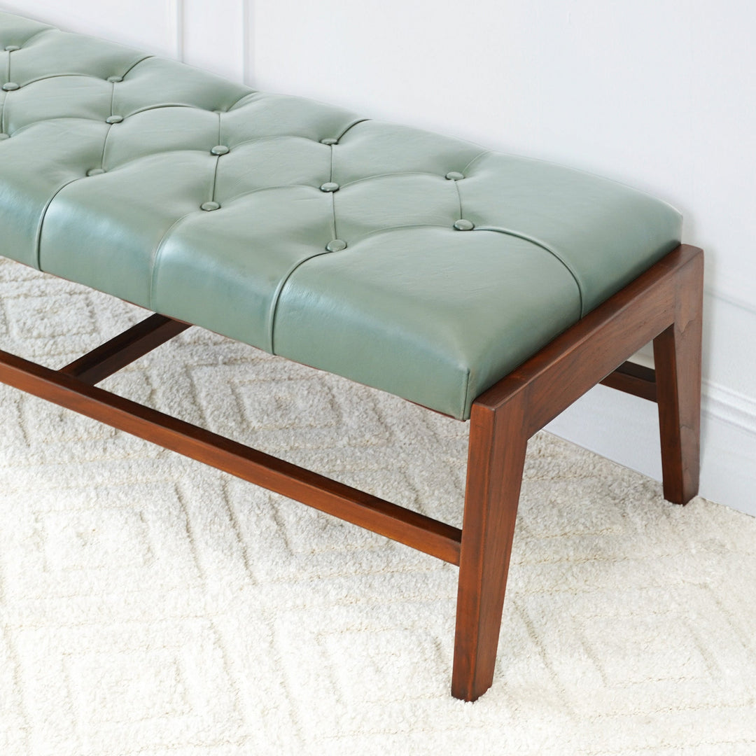 Hera Bench with Buttons (Green Leather) Zoomed